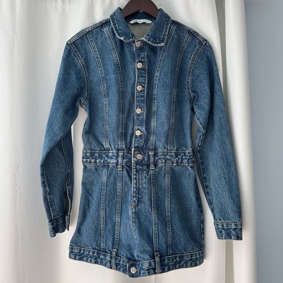 ZARA Long sleeve jean dress jacket style dark denim Mini women’s Size Small - Picture 2 of 7